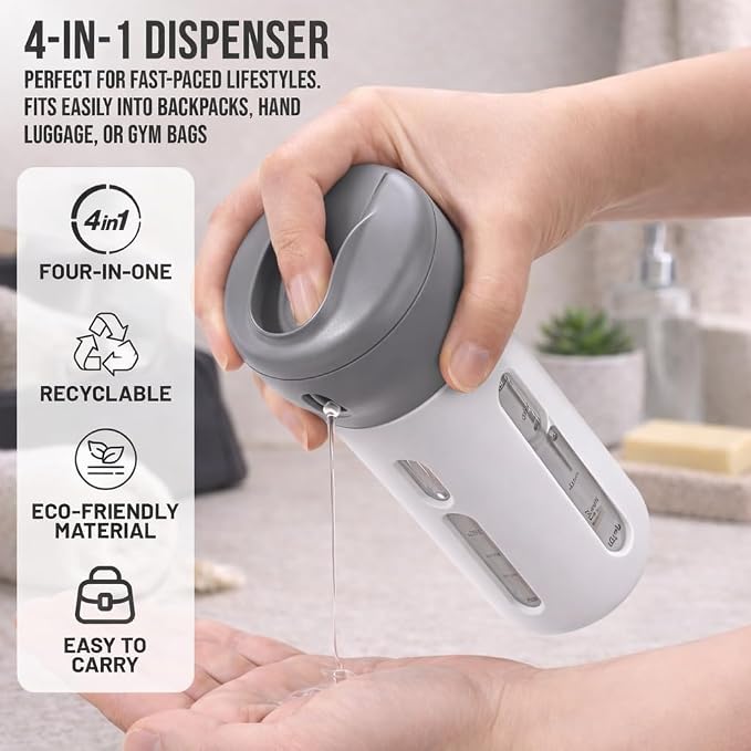 Travigo 4-in-1 Travel Dispenser Bottle, TSA Approved, Leak Proof, Four Reusable 1.4 oz. (40 mL) Toiletry Containers for Shampoo, Conditioner, Soap, Lotion, Skincare (Gray) - Image 2
