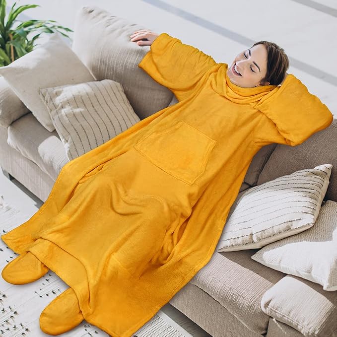 PAVILIA Fleece Blanket with Sleeves, Foot Pockets for Women Men Adults, Plush Wearable Blanket Throw Wrap, Warm Snuggle Blanket Robe, Cozy Gift Ideas Wife Mom, Mustard Yellow - Image 3
