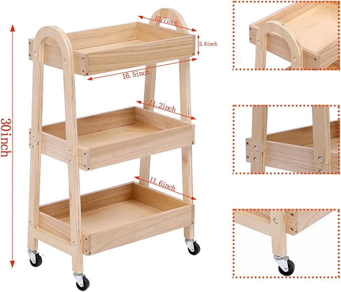 3-Tier Rolling Craft Cart, light-colored wood, Sturdy, Waterproof, with Wheels, for Kitchen, Bathroom, Laundry - Image 2
