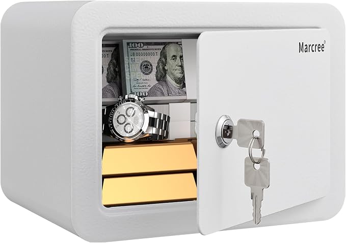 Marcree 0.23 Cubic Safe Box for Kids, Steel Security Safe with Key Lock | Home Safes with Rounded Design for Child Protection, Personal Lock Box for Home, 6.69 x 9.06 x 6.69 Inches, White by MarcreeSafe