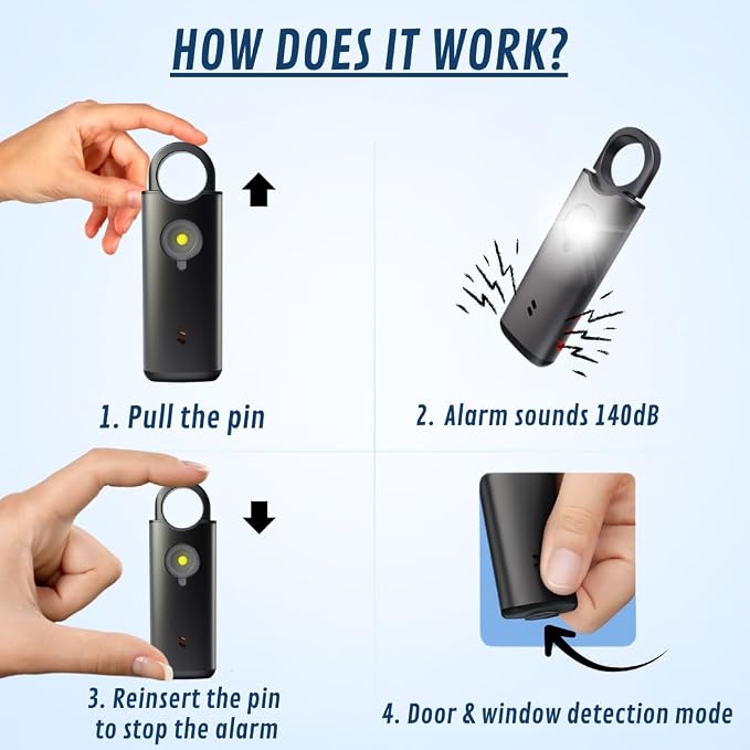 VOLTEK Metal Personal Alarm for Women (Black) – 140dB Self Defense Safety Alarm Keychain, USB-C Rechargeable Emergency Alarm with Door & Window Sensor Mode - Image 6