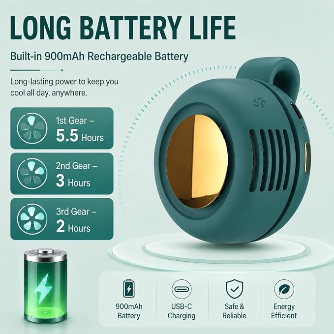Portable Silent Mini Bladeless Fan Clip On, Small Fan Clip on for Shirt & Waist, Adjustable 3-Speed Suspended Whirlwind Fans, For Outdoor & Travel & Office, Travel Accessories (2, green) - Image 4