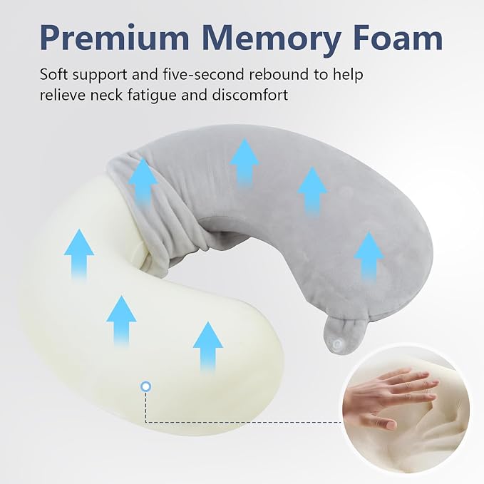 Travel Pillow, Memory Foam Neck Pillow for Traveling, U Shape Airplane Portable Flight Pillow Adult Travel Neck Pillow for Plane Train Car Home Office - Grey - Image 2