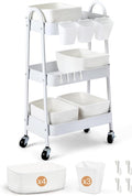 3-Tier Rolling Utility Cart with 4 Woven Baskets, Diaper Book Snack Cart, Storage Organizer for Nursery, Kitchen, Craft Room, Home SPA, Living Room, Metal Frame Trolley on Lockable Wheels, White by AOZITA