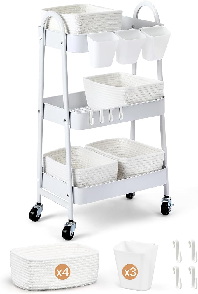 3-Tier Rolling Utility Cart with 4 Woven Baskets, Diaper Book Snack Cart, Storage Organizer for Nursery, Kitchen, Craft Room, Home SPA, Living Room, Metal Frame Trolley on Lockable Wheels, White by AOZITA
