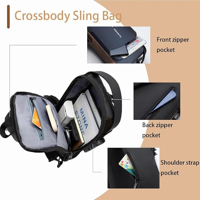 Travel Sling Bag Waterproof Crossbody Bag with Combination Lock Anti-Theft PU Leather Chest Bag with USB Charging Hole Shoulder Backpack Motorcycle Bags Blue - Image 4