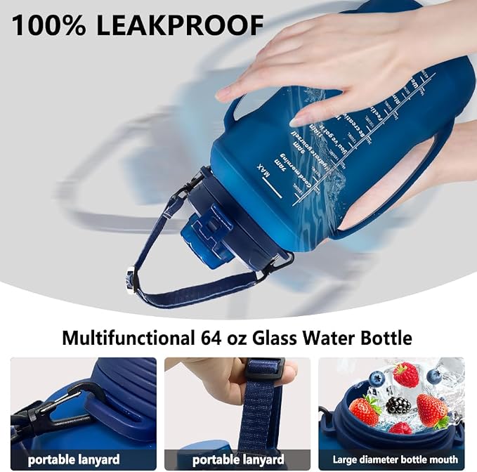64oz Foldable Water Kettle - Straw & Motivational Time Marker, Half Gallon Silicone Reusable Bottle for Airport Travel, Outdoor Adventures & Home/Office (Blue) - Image 6