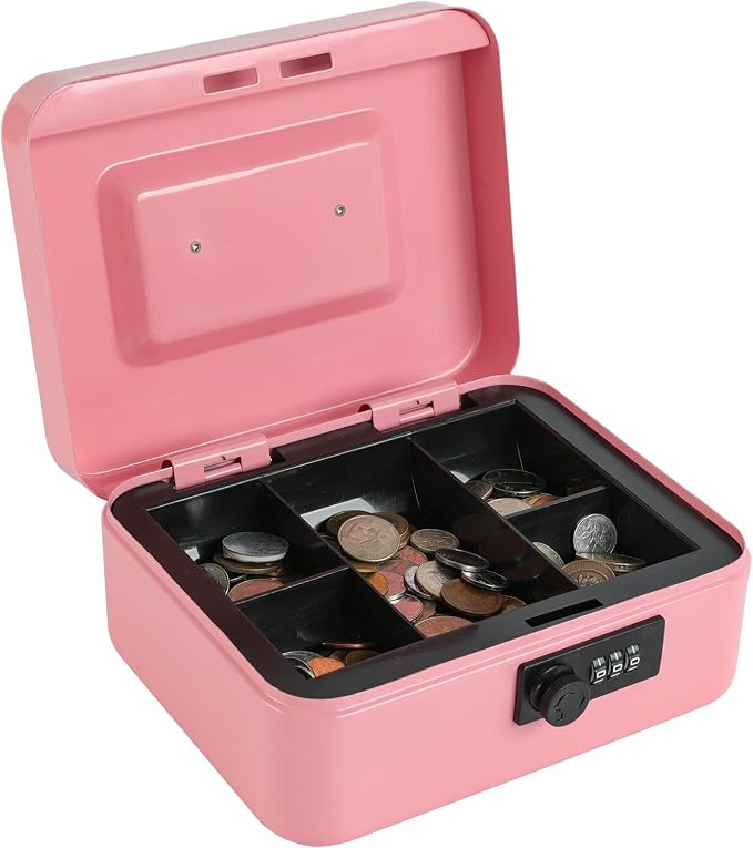 xydled Steel Cash Box Safe with Combination Lock,Money Safe Box with Removable Coin Tray,Medium,7.87"x 6.30"x 3.54",Pink - Image 9
