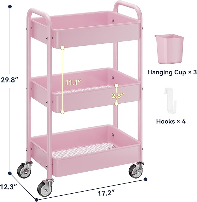 3 Tier Rolling Cart, Heavy Duty Metal Utility Cart with Wheel Pink | Sturdy Rolling Storage Cart With Hooks & Hanging Cups, Great For Craft, Art Workspace, Kitchen ,Snack And Office Storage - Image 6