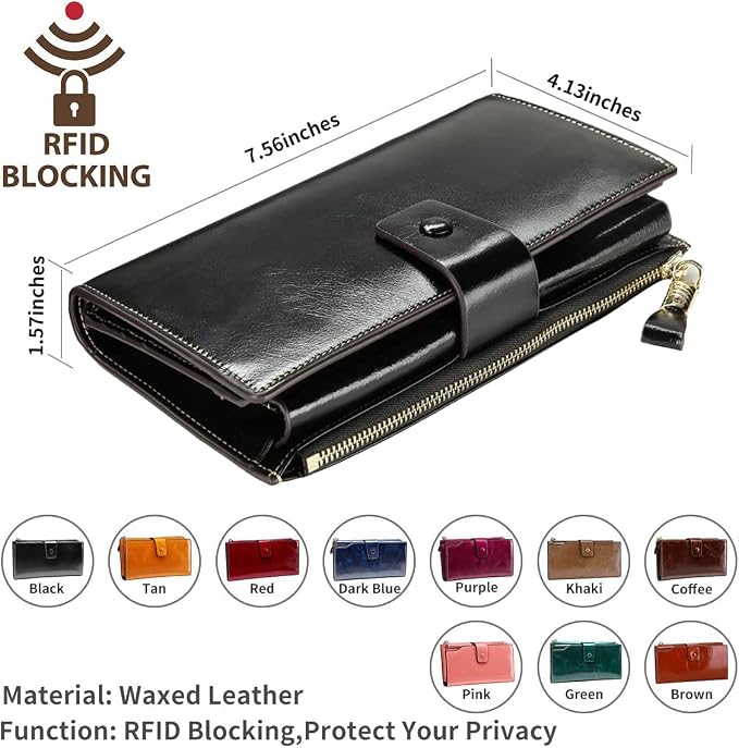 Itslife Womens RFID Blocking Large Capacity Luxury Wax Genuine Leather Wallet Clutch Ladies Card Holder, Black - Image 5