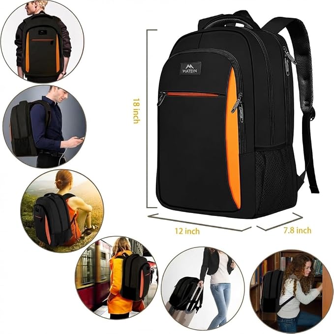 MATEIN OrangeTravel Backpack, Slim Sturdy 15.6 Inch Laptop Bag for College | Personal Item Computer Bag, Luggage Strap, Anti Theft, Water Resistant, Business Daypack Fits Notebook, Gifts for Men Women - Image 3