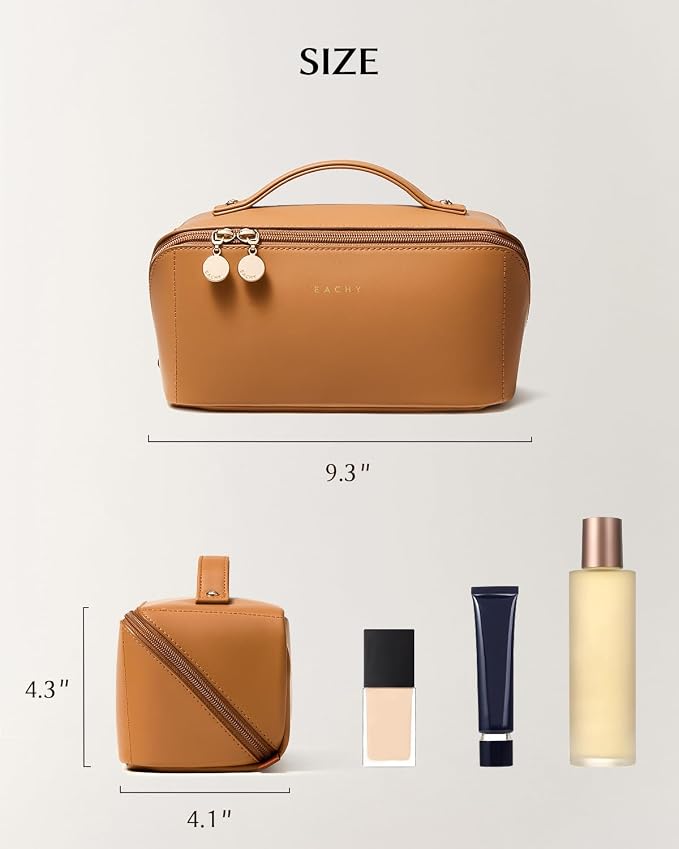 EACHY Travel Makeup Bag for Women, PU Leather Cosmetic Bag, Brown, Medium | PU leather organizer opens flat with two TPU brush pockets and divided storage for makeup, skincare, toiletries and travel - Image 6