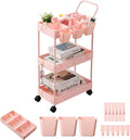 danpinera Slim Storage Cart, 3 Tier Narrow Rolling Cart on Wheels Bathroom Organizer with Dividers Handle Hanging Cups Hooks for Laundry Room Kitchen Small Spaces, Pink by danpinera