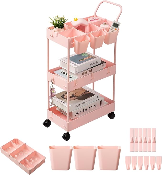 danpinera Slim Storage Cart, 3 Tier Narrow Rolling Cart on Wheels Bathroom Organizer with Dividers Handle Hanging Cups Hooks for Laundry Room Kitchen Small Spaces, Pink by danpinera