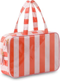Toiletry Bag for Women, Pink and Orange Stripe | Clear Coated,Waterproof,Multiple Compartment,Open Flat,Handle,Travel Organizer for Shampoo,Conditioner,Cosmetic Accessories by THOVSMOON