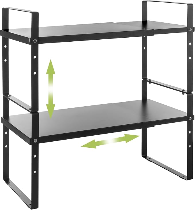 Across-Star Expandable Cabinet Shelf Organizer Rack, Stackable Kitchen Counter Storage Shelves Stand, Adjustable Height Pantry Shelf Spice Rack (Black, 2 Pack) by Acorss-Star