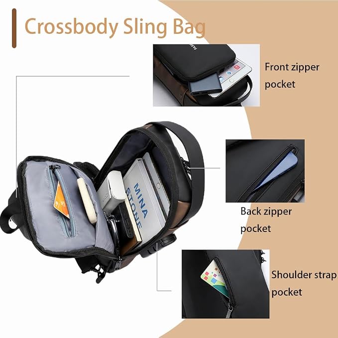 Travel Sling Bag Waterproof Crossbody Bag with Combination Lock Anti-Theft PU Leather Chest Bag with USB Charging Hole Shoulder Backpack Motorcycle Bags Black-gold - Image 4