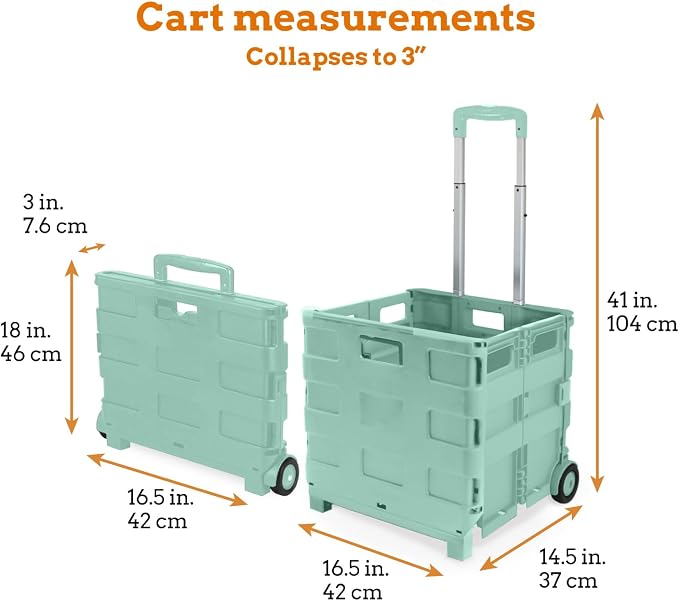 Inspired Living Ultra-Slim Rolling Collapsible Storage Pack-N-Roll Utility-carts, with Telescopic Handle, for Home, Garden, Shopping, Office, School use, Large, Mint - Image 2