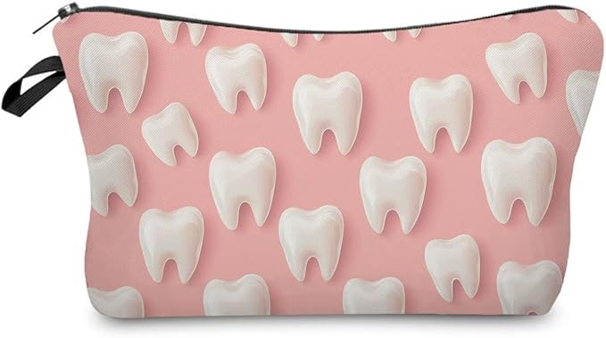 Livel lhood Pink Cartoon Teeth Small Makeup Zipper Bag | Pink Cartoon Teeth Printed Cosmetic Organizer Pouch, Pink Cartoon Teeth Gift for Women Friends by Livel+lhood