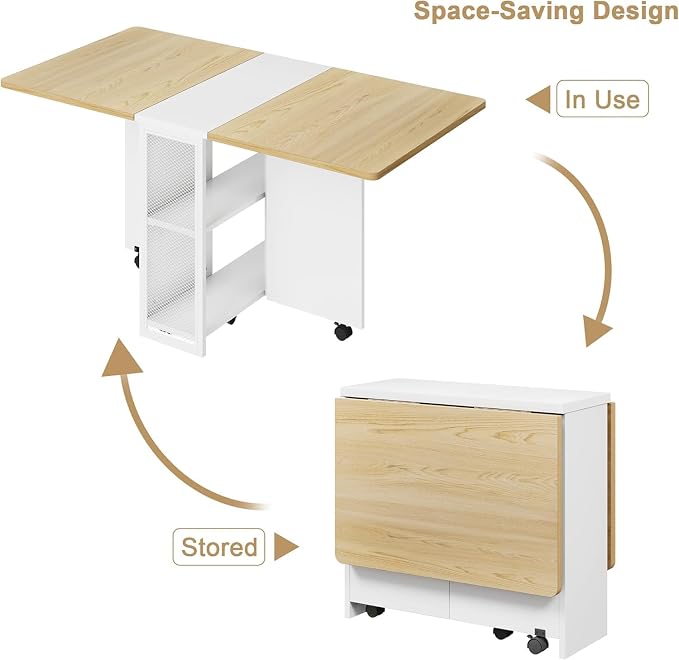 IDEALHOUSE FoldingTable, Drop Leaf Dining Table with 6 Wheels and 2-Layer Storage Shelf, Space Saving Table for Small Spaces (Natural Wood, 50.1" D x 31.4" W x 29.5" H) - Image 7