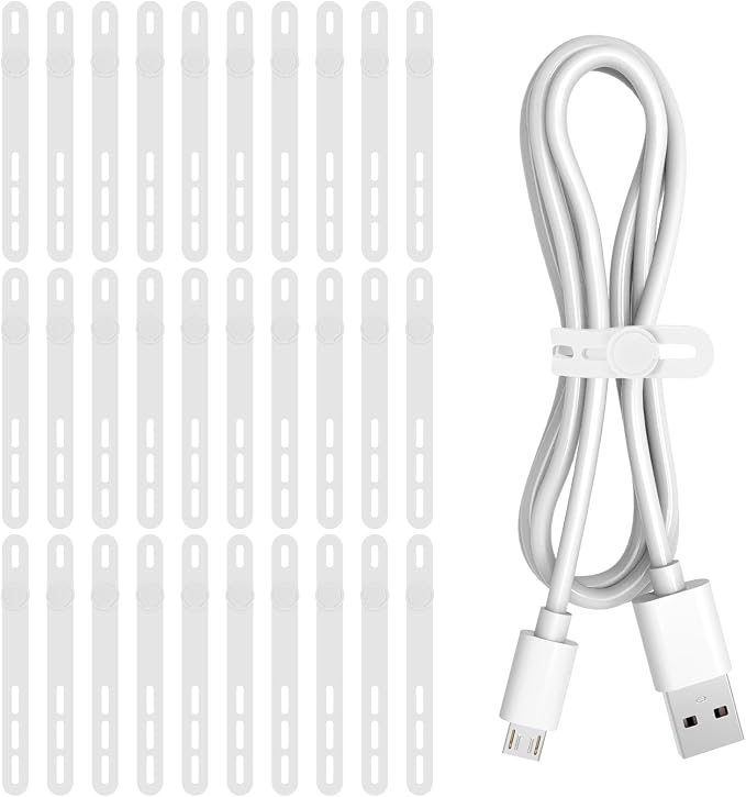 Donruby 30Pcs Silicone Cable Ties - Reusable & Washable with Adjustable Locking Buckles, High Elasticity Cable Management Straps for Home, Office, School, Travel Essential Cord Organizer (White) by Donruby