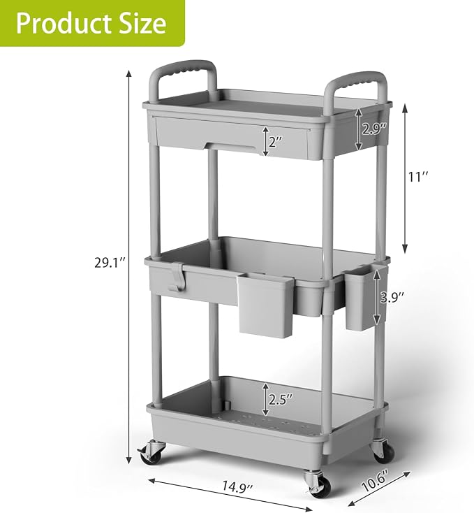 Sorgion 3 Tier Rolling Cart Organizer,Laundry Room Bathroom Organizers and Storage Office Shelves Mobile Shelving Unit Kitchen Trolley Cart with Wheels for Art,Craft,Diaper,Bedside,Snack(Grey) - Image 3