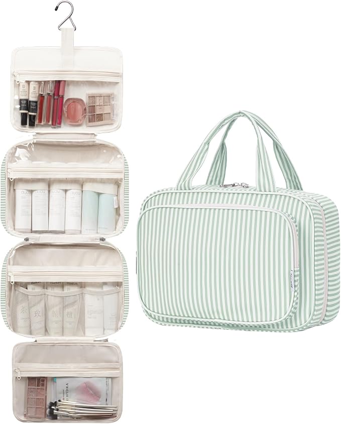 Narwey Striped Travel Toiletry Bag for Women Large Hanging Makeup Bag Organizer Toiletries Bag for Full Size Essentials Accessories Cosmetics (Mint Green Stripe (Large)) - Image 4