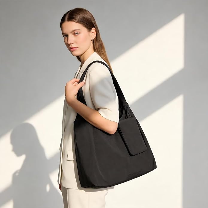 Women's Nylon Tote Bag with Zipper for Work - Medium Lightweight Soft Slouchy Hobo Bag for Women,Shoulder Handbag & Purse - Image 3