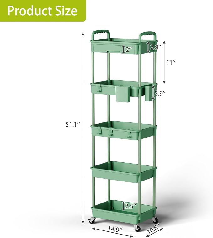 Sorgion 5 Tier Rolling Cart Organizer,Bathroom Cart Organizers with Wheels Laundry Room Organization Mobile Shelving Unit Utility Cart Storage Shelves Multi-Functional for Office, Home(Green) - Image 3