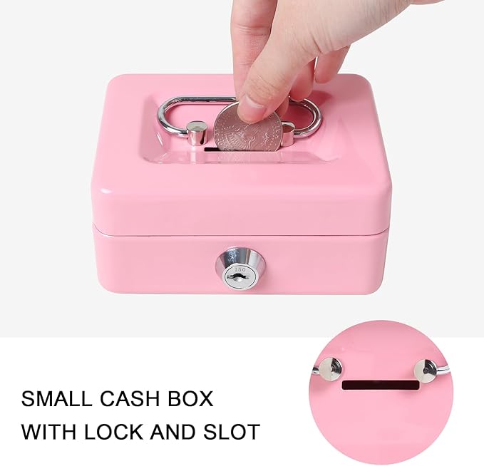 Jssmst Small Cash Box with Lock and Slot, Metal Coin Piggy Bank for Adults and Kids, Pink Locking Money Box - Image 4
