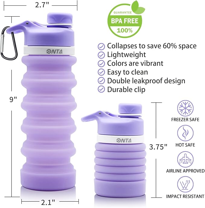 ONTA Collapsible BPA Free Silicone Water Bottle, 20oz - Portable, Leakproof, Easy Clean, Shatter Resistant, Travel Friendly - Image 3