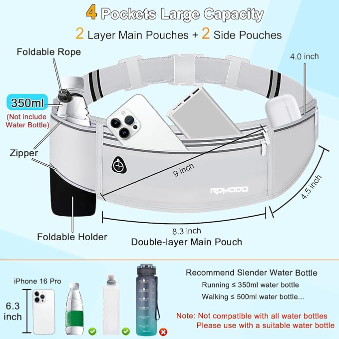Fanny Pack with Water Bottle Holder, Running Hydration Belt, Grey | Water Resistant Waist Pack, Slim Runner Belt for iPhone Samsung, No Bounce, 4 Pocket Phone Holder for Running Walking, Unisex - Image 2