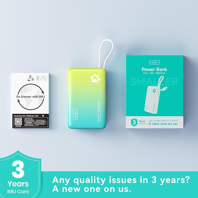 INIU 45W Fast Charging Tablet Portable Charger, Smaller 10000mAh Power Bank | Flight-Safe, Built-in USB C Cable, Flashlight, Battery Phone Pack for Tablet, iPad, iPhone 17 16, Samsung S26 etc, Cyan - Image 8