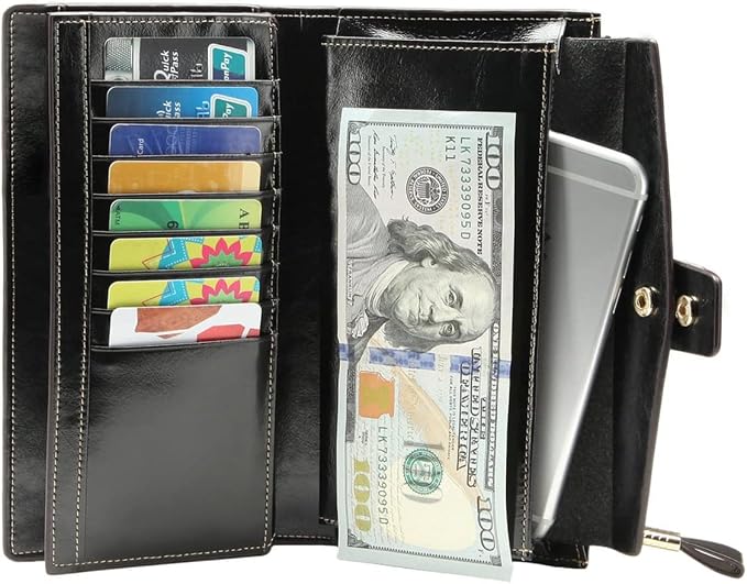 Itslife Womens RFID Blocking Large Capacity Luxury Wax Genuine Leather Wallet Clutch Ladies Card Holder, Black - Image 6