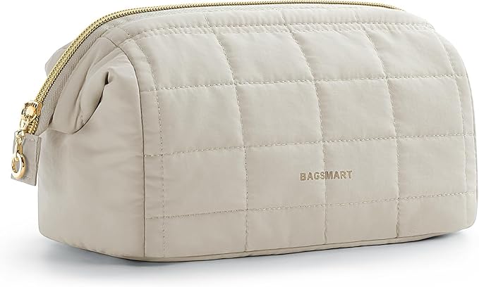 BAGSMART Makeup Bag Travel Toiletry Bag, Wide-open Zipper Pouch, Beige | Puffy Padded, Travel Essentials, Make Up Bag, For Women, Makeup Organizer, Toiletries Accessories Brushes by BAGSMART