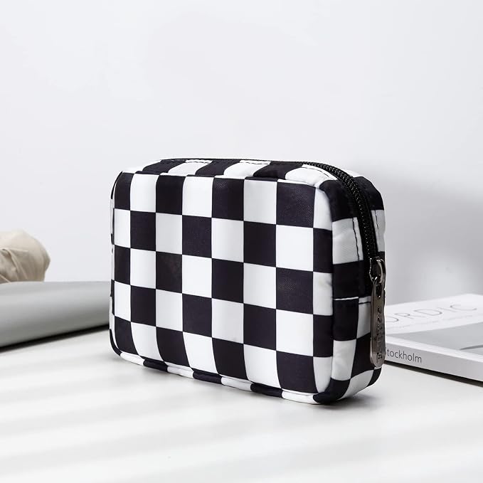 E-Tree Cute Small Makeup Bag, Cosmetic Toiletry Skin Care Make up Little Items Pouch for Purse,Zipper Mini Tech Charger Cable Electronic Organizer Case,Travel Accessories for Women Men Teen,Checkered - Image 7