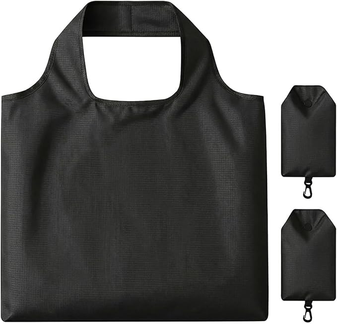 2 Pack Large Foldable Shopping Bag, Reusable Grocery Bag, Black | Waterproof Nylon, 35 Pounds Weight Capacity, Pocket Size Carrier by Unknown