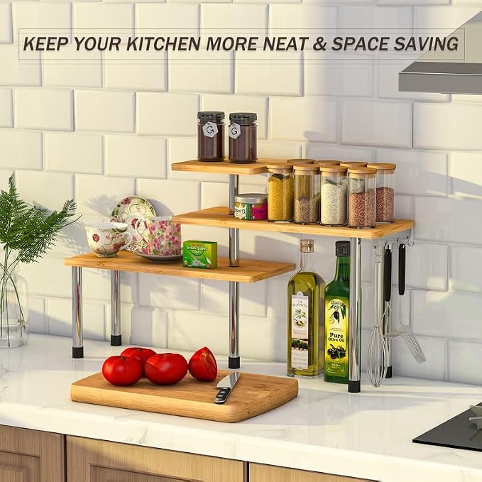 ZHWS Kitchen Countertop Organizer Spice Rack for Salt, Bathroom Counter Organizer Over Sink for Makeup, Skincare, Adjustable 3-Tier Corner Counter Shelf with 4 Hooks for Coffee Bar Dresser Table - Image 4