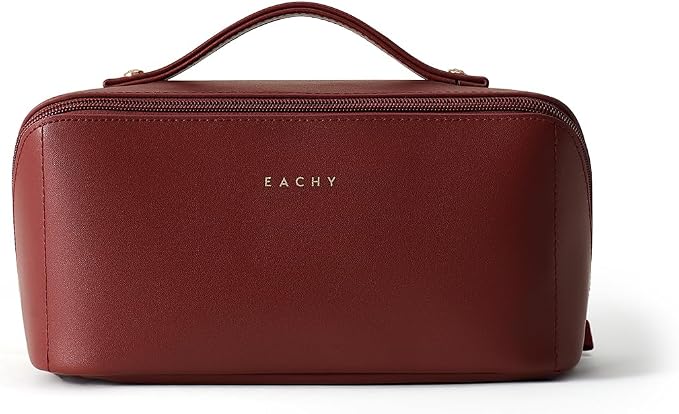 EACHY Travel Makeup Bag for Women, Flat Open Cosmetic Bag, Red, Medium | PU leather organizer with flat-open access, storage pockets and clear TPU brush compartment for daily makeup and toiletries - Image 5