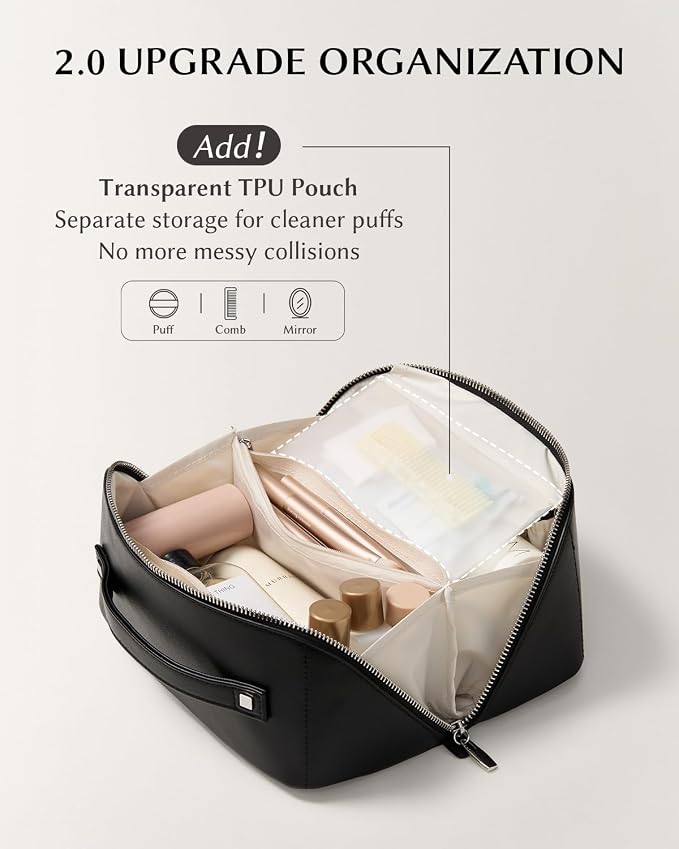 EACHY Travel Makeup Bag for Women, PU Leather Cosmetic Bag, Black, Medium | PU leather organizer opens flat with two TPU brush pockets and divided storage for makeup, skincare, toiletries and travel - Image 3