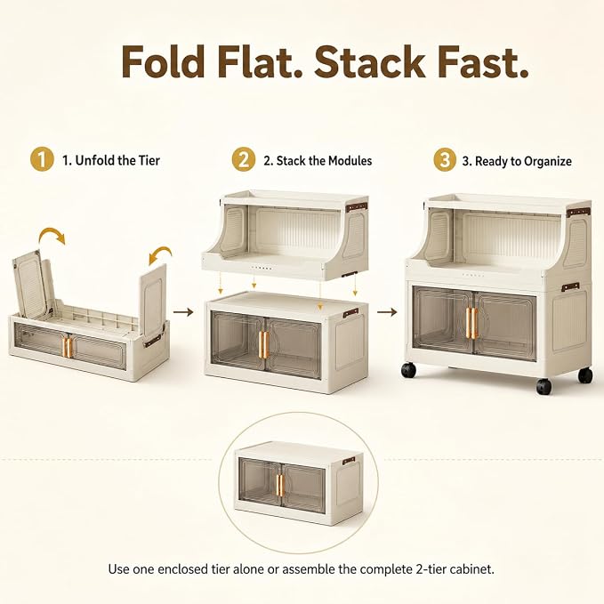 2 Tier Stackable Storage Bins with Lids & Wheels | PP construction with open top storage, clear doors and lockable wheels for kitchens, bathrooms, pantries and apartments. - Image 4