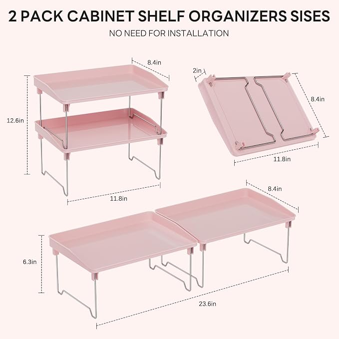STARLATTA 2 Pcs Cabinet Organizer Shelf，Stackable Kitchen Counter Shelves, Spice Rack,Countertop Organizers，Pink Plastic Storage Shelves Rack for Makeup，Bathroom, Cupboard，Desk，Pantry Organization - Image 3