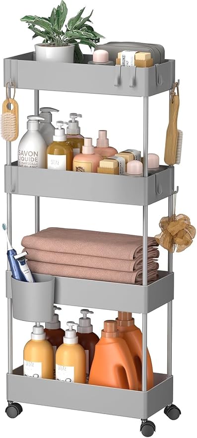 Pipishell 4 Tier Slim Storage Cart with Wheels, Laundry Cart, Gray | 7.1 Inches Wide – Fits Narrow Spaces, Storage Cup and 6 Hooks, Ventilation Holes, Durable ABS Material, Detachable Wheels by Pipishell