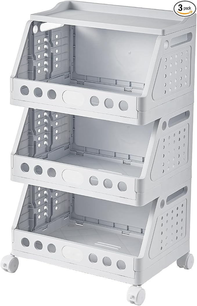 UFORU 3 Tier Rolling Storage Cart,Plastic Open Storage Basket with Wheels | Rolling Storage Shelf for Kitchen,Bathroom,Bedroom and Living Room,Versatile Home Organization for Books,Toys by UFORU