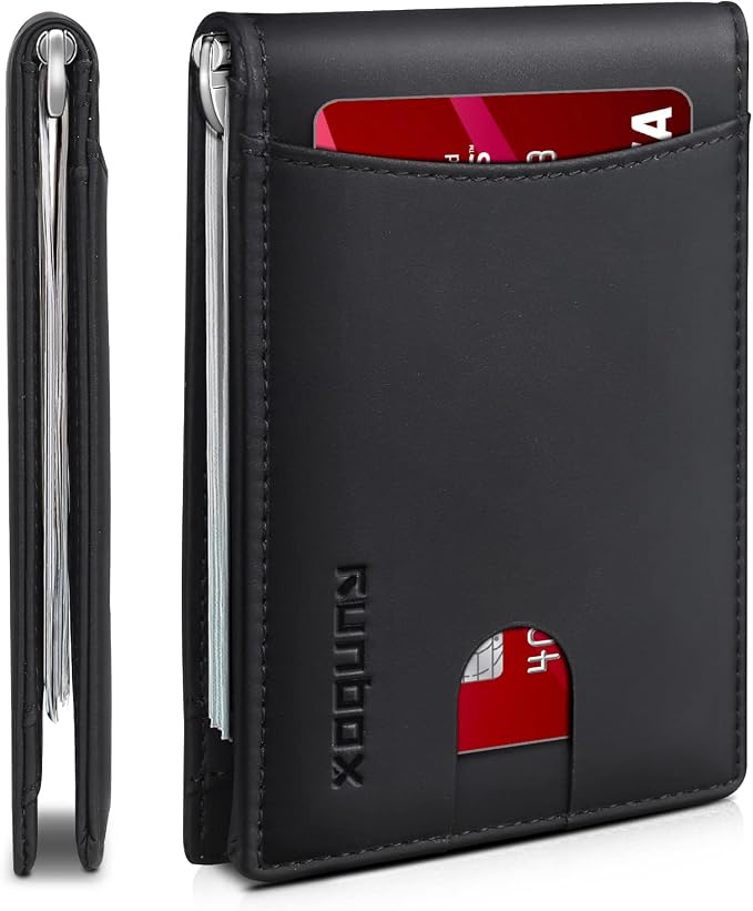 RUNBOX Slim Wallet for Men Genuine Leather RFID Blocking Bifold Minimalist Front Pocket Mens Wallet with Money Clip Thin Gift Box by RUNBOX