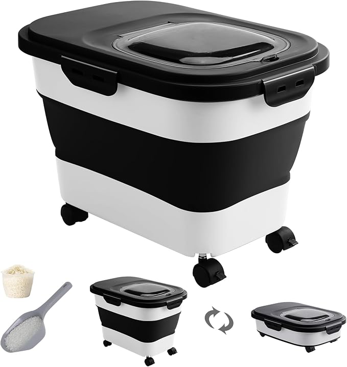 20-30 Lbs Rice Storage Container,Collapsible Food Storage Container | Flour Storage Container with Wheels Airtight Locking Lid,Rice Container Double Seal,Keep Fresh for Pet Food,Rice,Flour by DDMOMMYCOLLAPSIBLEFOODSTORAGECONTAINERFAMILY