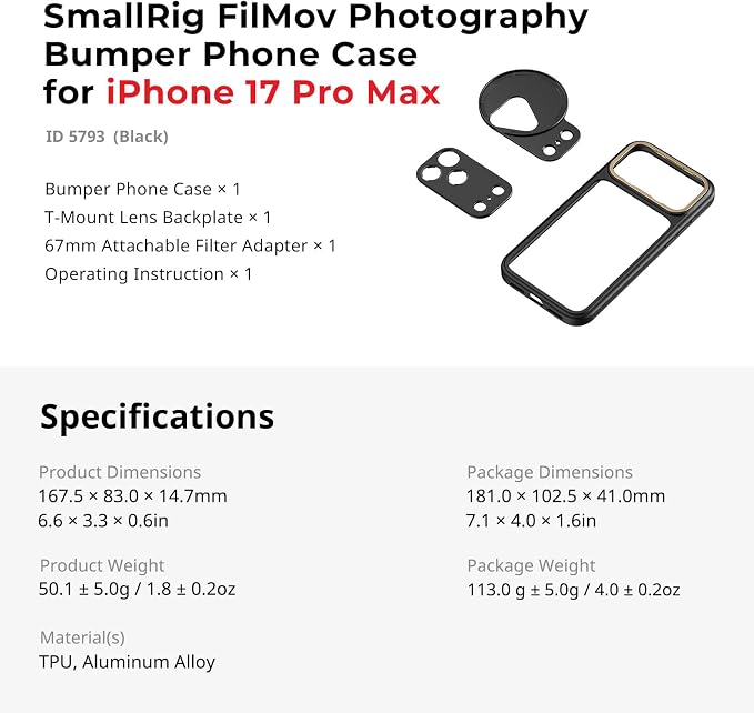 SmallRig FilMov Bumper Phone Case for iPhone 17 Pro Max, Hollow Back Design with Lens Backplate, 67mm Filter Adapter Compatible with Phone Gimbal Stabilizers, for DJI for Insta360, Black - 5793 - Image 9