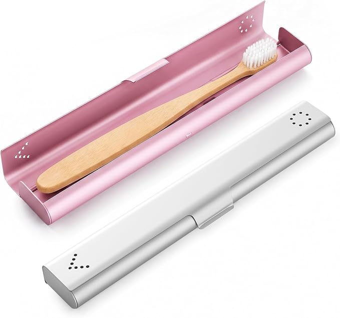 2 Pack Toothbrush Travel Case Aluminum, Portable Toothbrush Holders Travel, Manual Toothbrush Case Container for Traveling, Bathroom, Camping, Business Trip(Silver, Pink) by Unknown