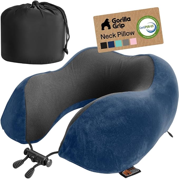 GORILLA GRIP Adjustable Travel Neck Pillow for Airplanes, CertiPUR-US® Memory Foam, Soft Velvet, Cooling Mesh Pillows, Support Headrest for Sleeping, Traveling Essentials Flight Accessories Navy Blue by Unknown