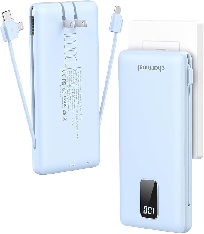 charmast Portable Charger with Built-in Cables and AC Wall Plug | 10000mAh Power Bank with 4 Outputs,USB-C & USB-A Battery Pack,Slim Travel Phone Charger for iPhone,iPad,Samsung,Android by charmast